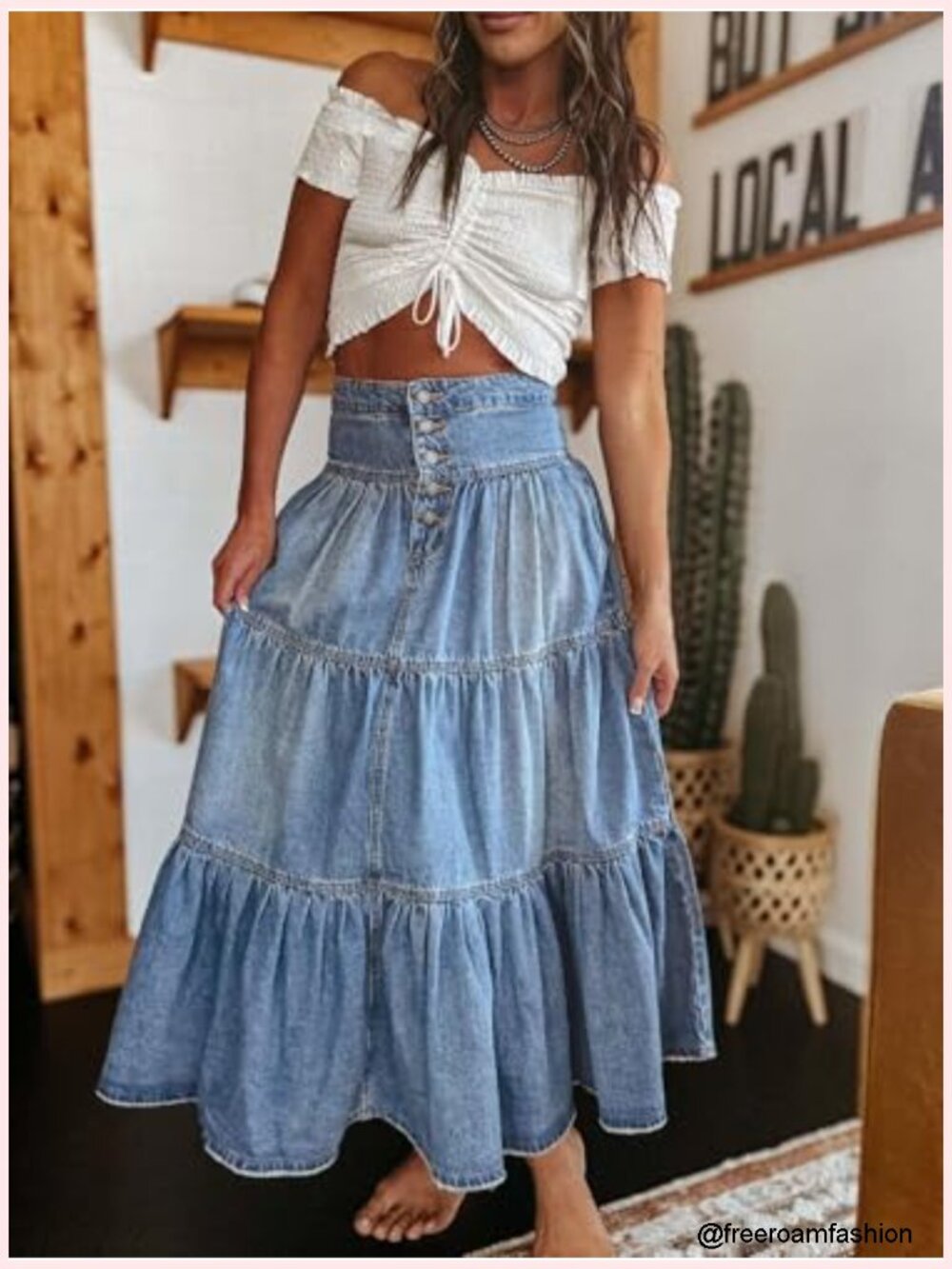 Women's Boho Frayed Tiered Denim Skirt A-Line Maxi Long Jean Skirt - Picture 5 of 5